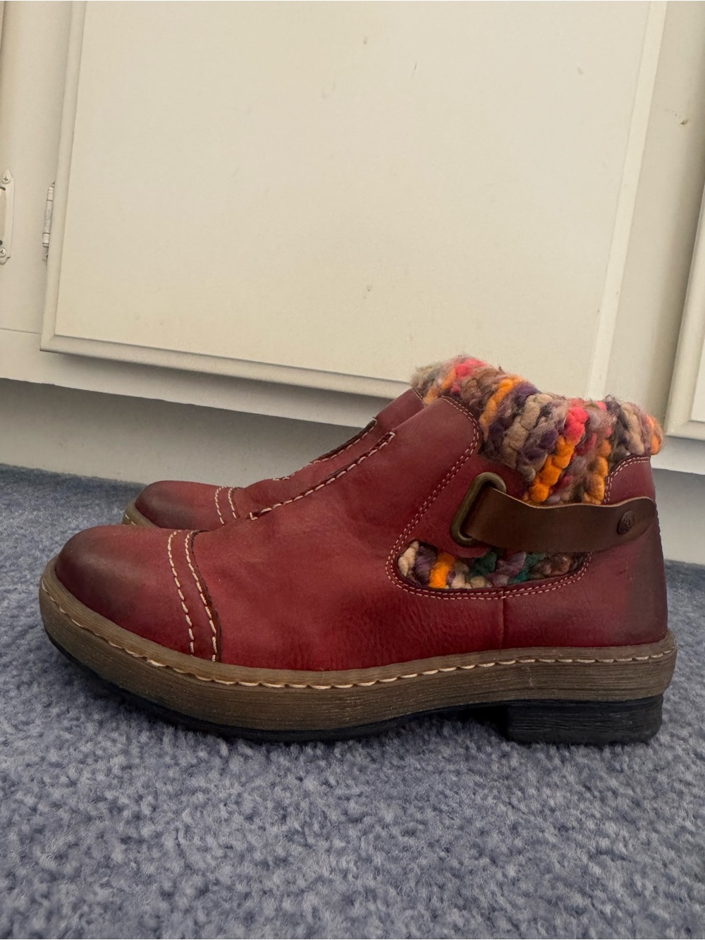 Women’s Rieker Multicolor Knit Trim Red Leather Bootie